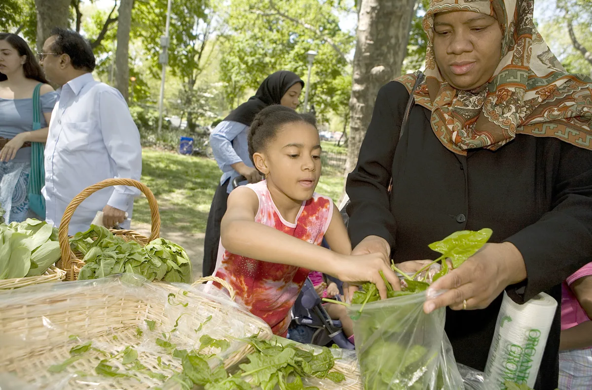 A woman wearing a hijab and a child pack greens into a bag in a garden